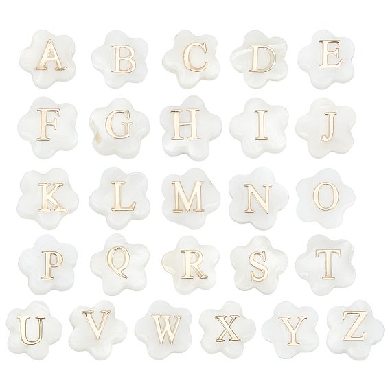 26 шт. 26 стили бусины из натуральных белых ракушек в виде цветка, золотые эмалевые бусины с буквами