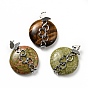 Natural Gemstone Pendants, Flat Round Charm, with Stainless Steel Color Tone Heart 304 Stainless Steel Findings