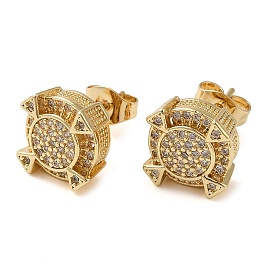 Brass Micro Pave Cubic Zirconia Stud Earrings, Flat Round Stud Earring, Long-Lasting Plated