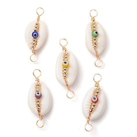 Natural Cowrie Shell & Handmade Evil Eye Lampwork/Glass Connetctor Charms, with Copper Double Loops, Real 18K Gold Plated