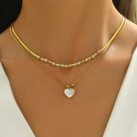 201 Двухслойное ожерелье из нержавеющей стали с подвеской в виде сердца из натуральных ракушек и хрустальных страз для элегантных дамских вечеринок и свиданий