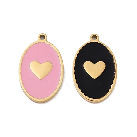 Ion Plating(IP) 316 Surgical Stainless Steel Pendants, Nickel Free, with Enamel, Oval with Heart Charm, Real 18K Gold Plated