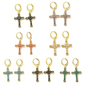 Real 18K Gold Plated Brass Dangle Leverback Earrings, with Glass, Cross