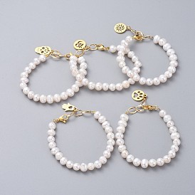 Natural Pearl Charm Bracelets, with Brass Twist Oval Links, 304 Stainless Steel Charms and Lobster Claw Clasps, with Cardboard Packing Box