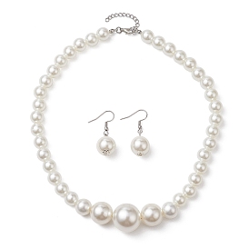 Round ABS Plastic Imitation Pearl Beads Necklace and Dangle Earring Sets for Women, with 304 Stainless Steel Earring Hooks