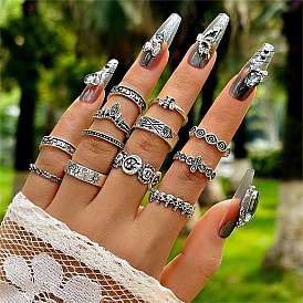 12Pcs 12 Styles Alloy Skull & Eye & Sun & Bee Finger Rings Set for Unisex