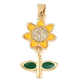 Rack Plating Brass Micro Pave Cubic Zirconia Charms, Enamel Style, Long-Lasting Plated, Cadmium Free & Lead Free, Sunflower