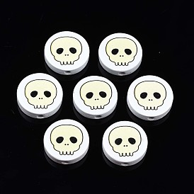 Halloween Printed Natural Wood Beads, Flat Round with Skull Pattern