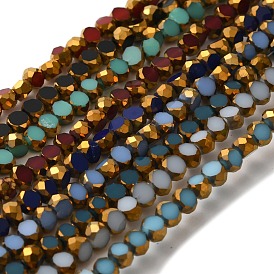 Electroplate Glass Beads Strands, Opaque Solid Color, Half Golden Plated, Faceted, Flat Round