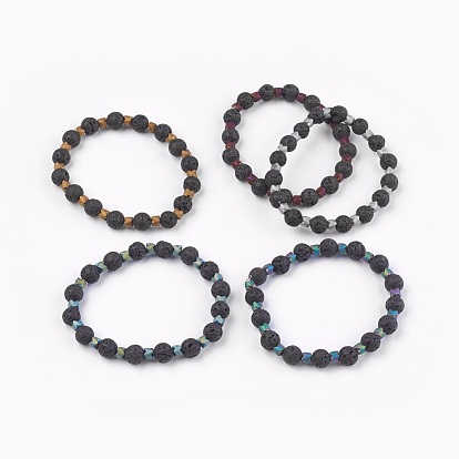 Stretch Bracelets, with Electroplate Non-magnetic Synthetic Hematite Beads and Natural Lava Rock Beads