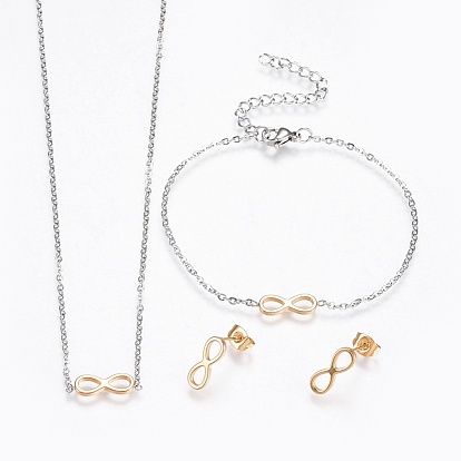304 Stainless Steel Jewelry Sets, Bracelet, Necklaces and Earrings, Infinity