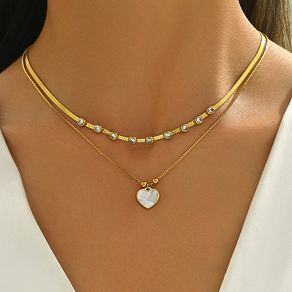 201 Двухслойное ожерелье из нержавеющей стали с подвеской в виде сердца из натуральных ракушек и хрустальных страз для элегантных дамских вечеринок и свиданий