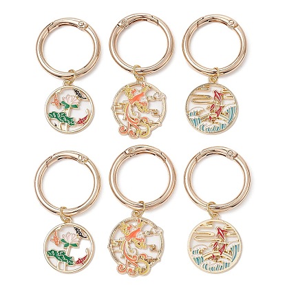 Alloy Enamel Shoe Charms, with Spring Gate Rings, Flat Round with Fish/Lotus//Phoenix Charm, for Boot Decoration