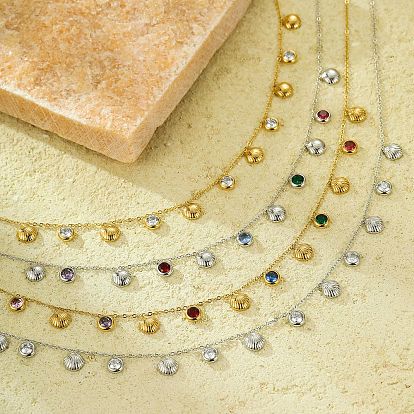 304 Женские колье-нагрудники из нержавеющей стали с кубическим цирконием, в форме плоских круглых и ракушек