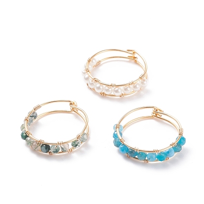 Shell Pearl Braided Finger Rings, Brass Wire Wrapped Gemstone Jewelry for Women