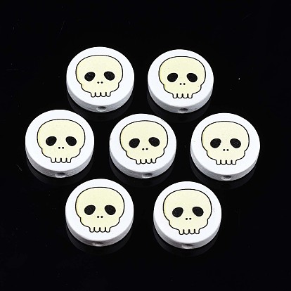 Halloween Printed Natural Wood Beads, Flat Round with Skull Pattern
