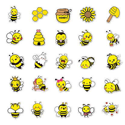 50pcs autocollants d'abeilles de dessin animé auto-adhésifs en pvc, décalcomanies d'insectes imperméables pour cadeaux décoratifs de fête