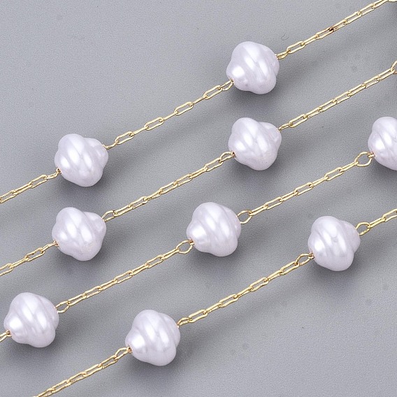 Handmade ABS Plastic Imitation Pearl Beads Chains, for Necklaces Bracelets Making, with Brass Paperclip Chains, Long-Lasting Plated, Soldered