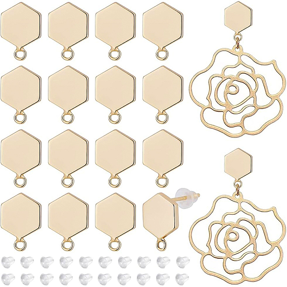 8 пары латунных сережек-гвоздиков, с горизонтальными петлями и 40 пластиковыми ушными гайками, шестиугольник