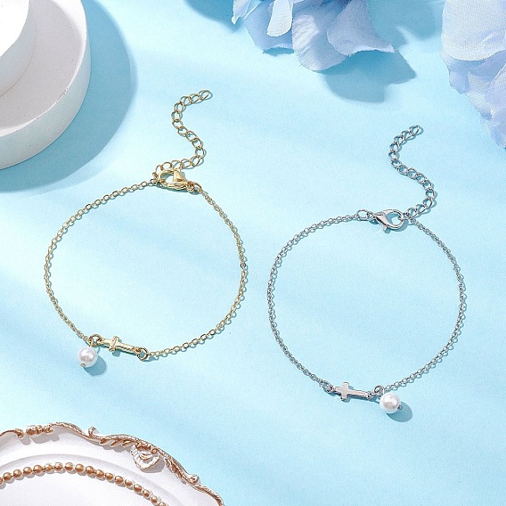2Pcs 2 Colors Brass Cable Chain Bracelets, Cross Link Bracelets for Women, with  Shell Pearl