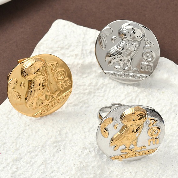 304 регулируемые кольца из нержавеющей стали для женщин, ионное покрытие (ip), плоские круглые с совой