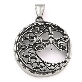 304 Stainless Steel Pendants, Flat Round with Dragonfly Charm