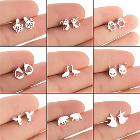 Adorable Stainless Steel Animal Stud Earrings for Women - Cat, Penguin, Bird, Rabbit and Bear Ear Jewelry