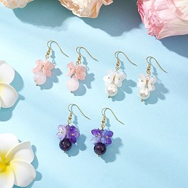 Серьги, с колпачками из ацетата целлюлозы (смолы) и аметистовыми бусинами и латунными крючками для сережек и латунными штифтами с шарообразными головками, золотые