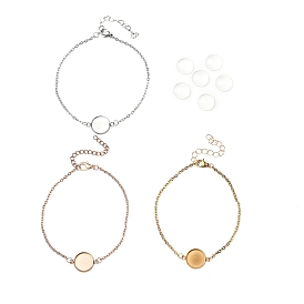 12Pcs 3 Color Blank Dome Flat Round Glass Link Bracelets Set, 304 Stainless Steel Cable Chains Stackable Bracelets for Women