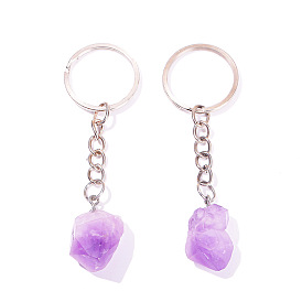 Raw Rough Natural Amethyst Cluster Keychains, Nuggets Healing Stone Keychains