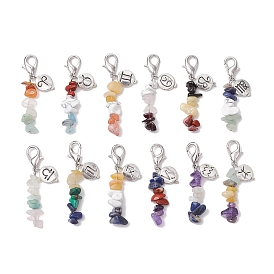 12Pcs Alloy Twelve Constellations Pendant Decorations, Natural Mixed Stone Chip and Lobster Claw Clasps Ornaments