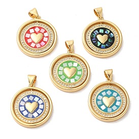 Flat Round with Heart Brass Micro Pave Cubic Zirconia Pendants, with Enamel & Shell, Long-Lasting Plated, Lead Free & Cadmium Free, Real 18K Gold Plated