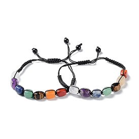Natural Mixed Gemstone Rectangle Braided Bead Bracelets, Chakra Yoga Adjustable Bracelets