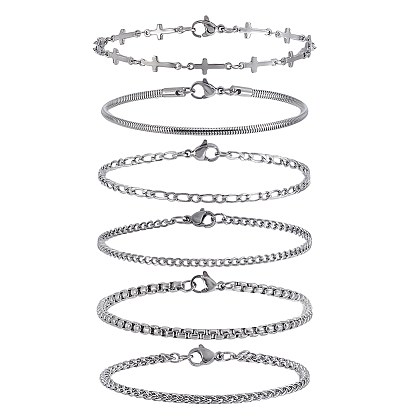 6 шт. 6 стили 304 браслеты-цепочки из нержавеющей стали, с карабин-лобстерами 
