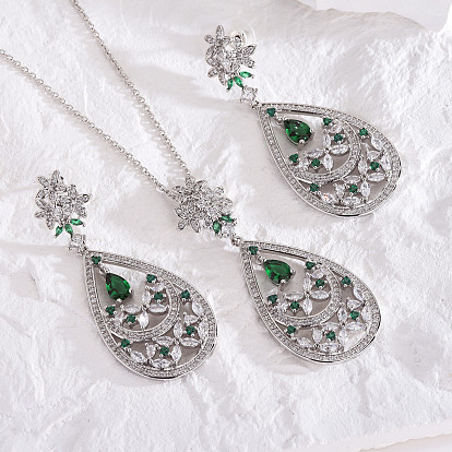 Green Floral Zircon Long Earrings with Drop Pendant for Chic Women's Fashion Jewelry