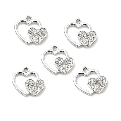Alloy Rhinestone Pendants, Platinum Tone Double Heart Charms