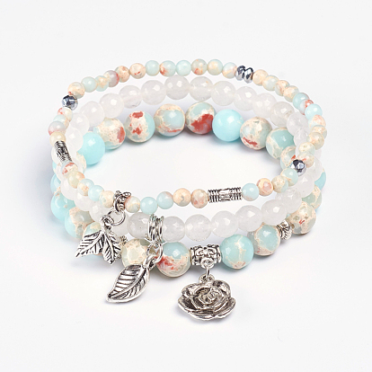 Natural Gemstone Stretch Charm Bracelet Sets, Stackable Bracelets, with Non-magnetic Synthetic Hematite Beads and Antique Silver Plated Alloy Findings