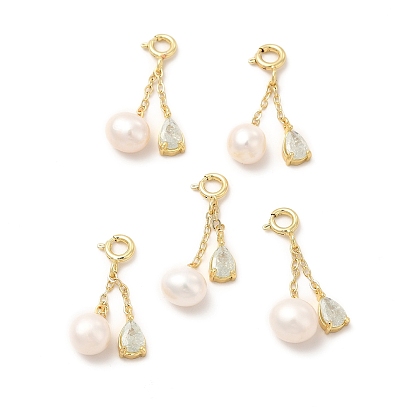 Brass Pave Clear Cubic Zirconia Teardrop Spring Ring Clasp Charms, with Natural Pearl Round Beads