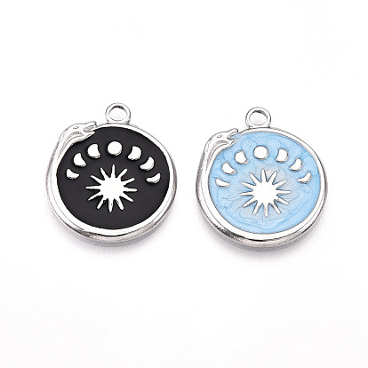 304 подвески из нержавеющей стали, с эмалью, плоский круглый с подвесками в виде змеи, фаз Луны и солнца, ионное покрытие (ip)