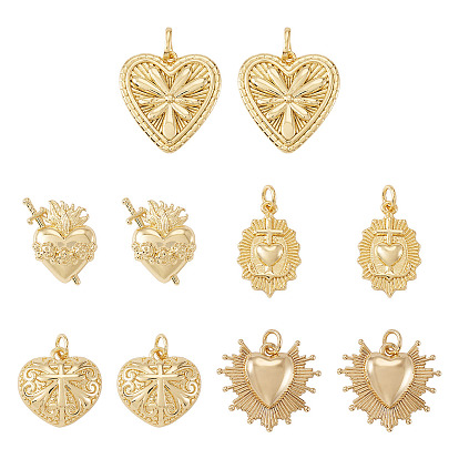 10Pcs 5 Styles Brass Pendants, Cadmium Free & Lead Free, Oval & Heart Charms, with Jump Ring