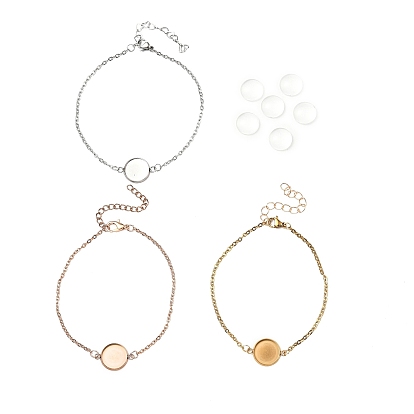 12Pcs 3 Color Blank Dome Flat Round Glass Link Bracelets Set, 304 Stainless Steel Cable Chains Stackable Bracelets for Women