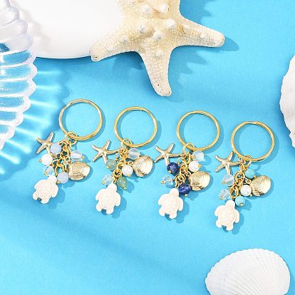 4 шт. 4 цвета серии Ocean: натуральный белый нефрит, лазурит, зеленый авантюрин, синтетическая бирюза, 304 брелок из нержавеющей стали в форме морской звезды и черепахи, с железными кольцами, золотые