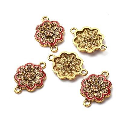 Antique Golden Plated Alloy Links Connectors, with Enamel and Rhinestone, Flower