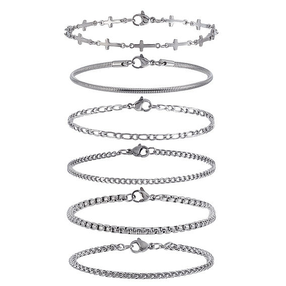 6 шт. 6 стили 304 браслеты-цепочки из нержавеющей стали, с карабин-лобстерами 