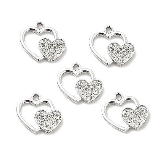 Alloy Rhinestone Pendants, Platinum Tone Double Heart Charms