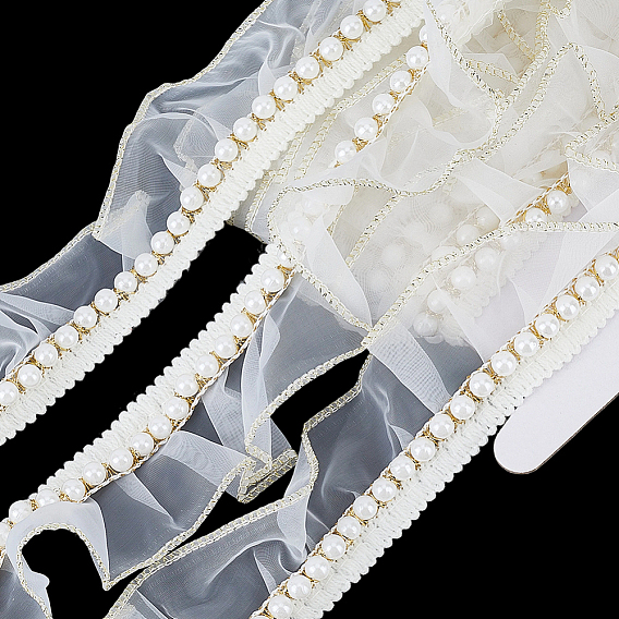 5 Yards Polyester Lace Ribbons, with ABS Plastic Imitation Pearl Beads