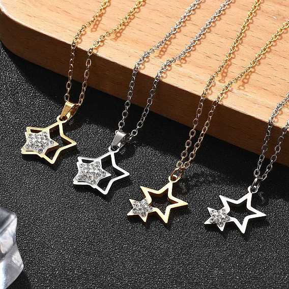 304 ожерелья с двойной звездой из нержавеющей стали и кристаллами и стразами