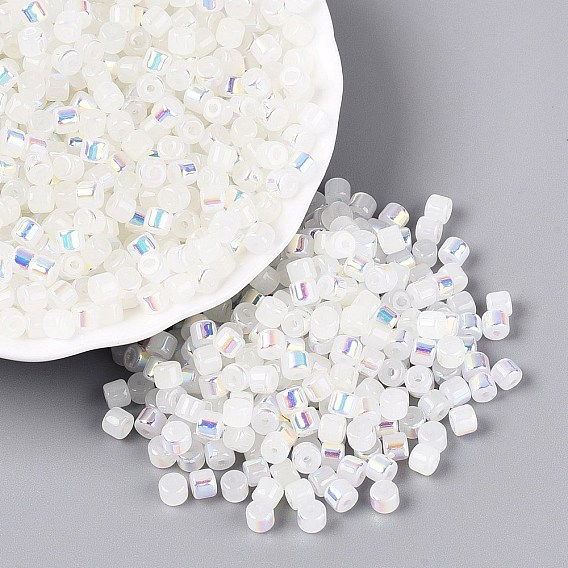 FGB Imitation Jade Colours Glass Seed Beads, Rainbow Plated, Round Hole, Barrel