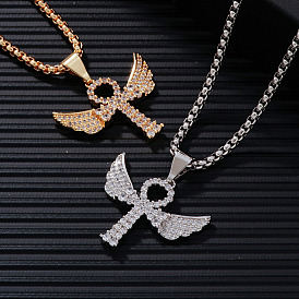 Elegant Brass Crystal Rhinestone Winged Cross Pendant Box Chain Necklaces