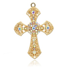 Oro cruz latina plateado rhinestone aleación grandes colgantes, 65x46x5 mm, agujero: 3 mm
